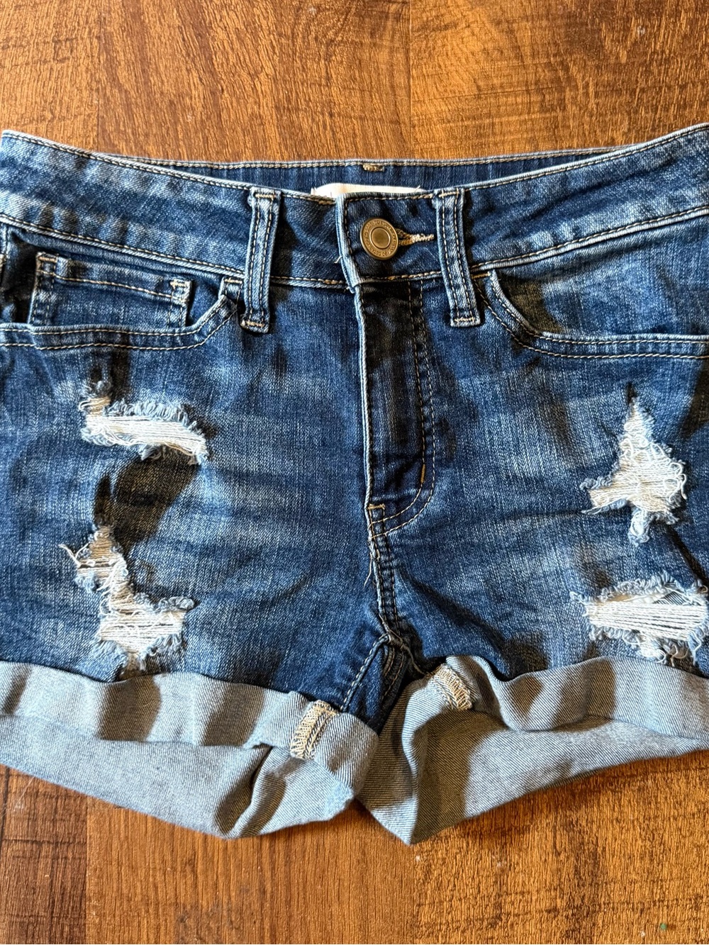 SO Distressed Rolled Hem Denim Shorts - Blue